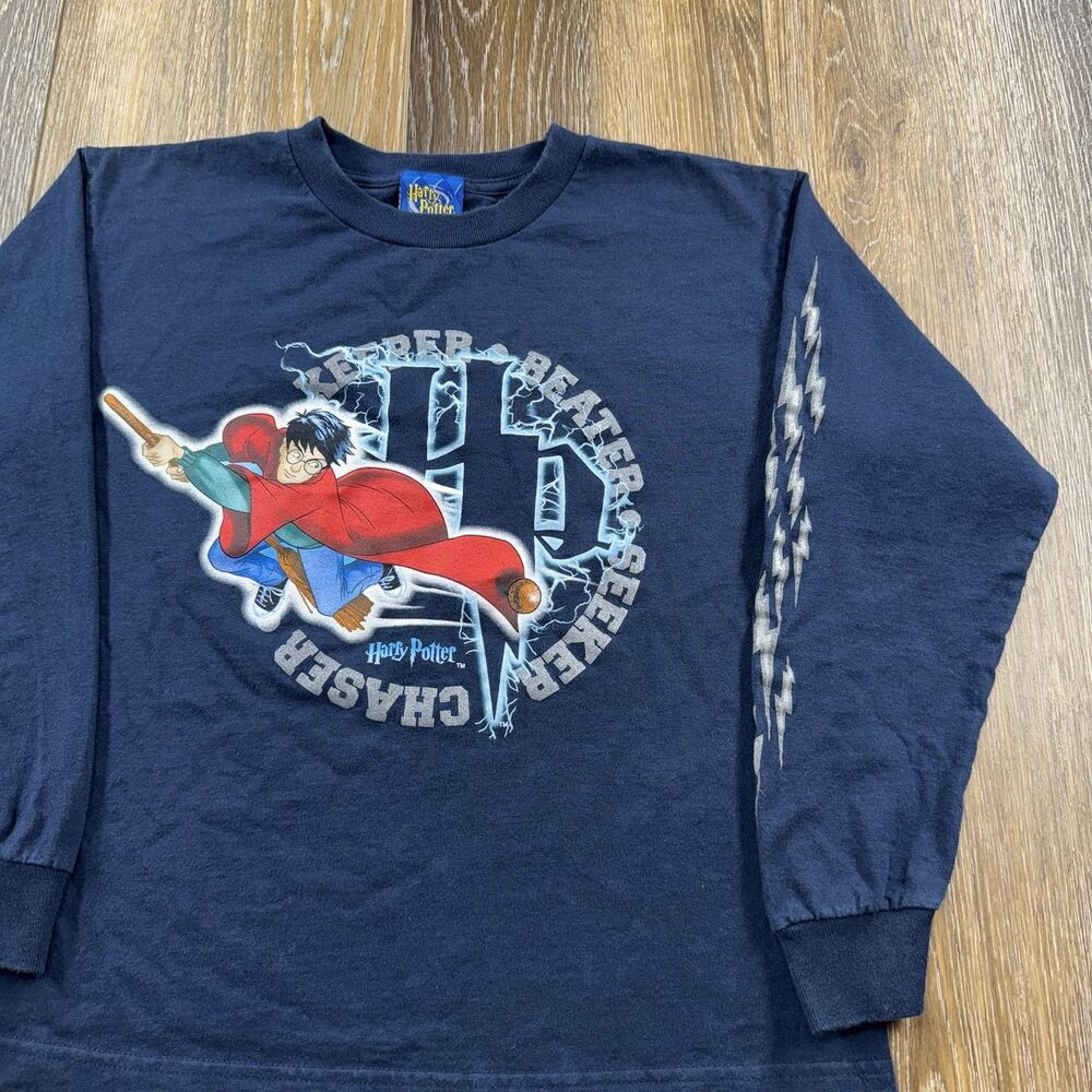 Vintage Harry Potter Shirt Youth L 10/12 Blue Lightning Quidditch Long Sleeve